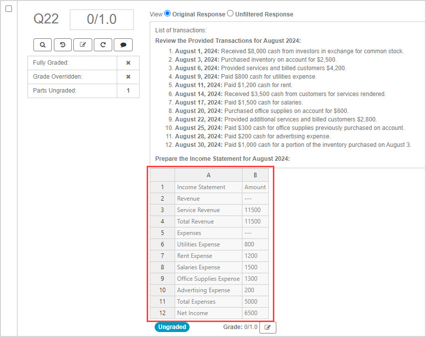 Spreadsheet component with student response The students completed Spreadsheet is embedded under the rest of the question text.